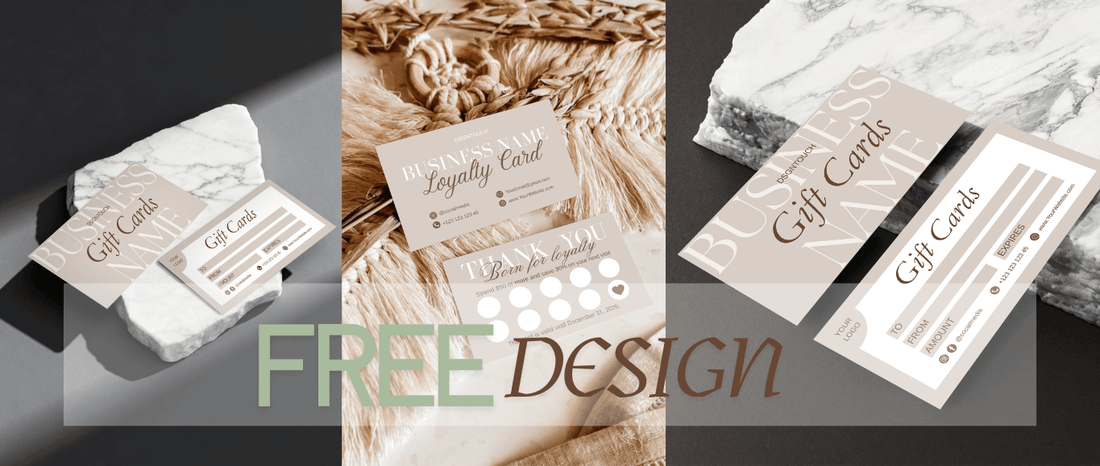 Elegant Gift Card designs displayed on marble and creative textures.