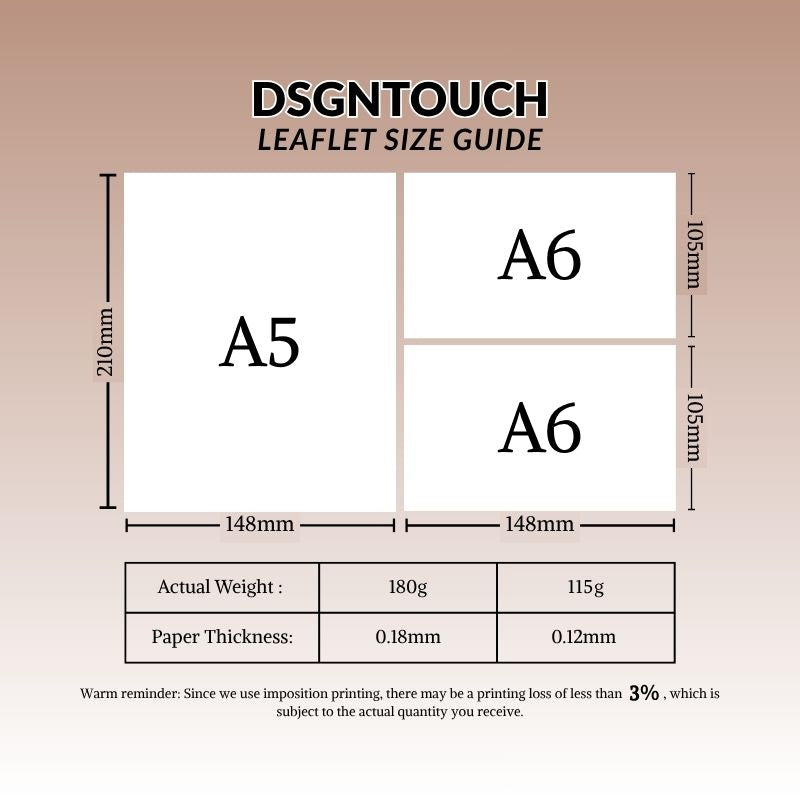 Beauty salon flyer size guide for A5 and A6 formats from DSGNTOUCH, showcasing dimensions and paper details.