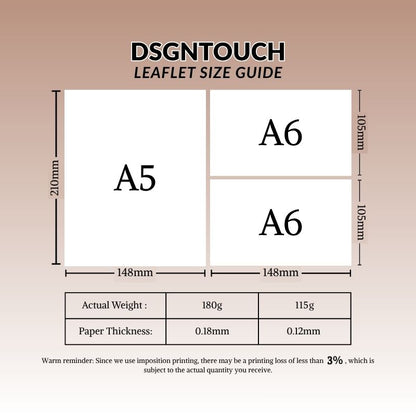 Beauty salon flyer size guide for A5 and A6 formats from DSGNTOUCH, showcasing dimensions and paper details.