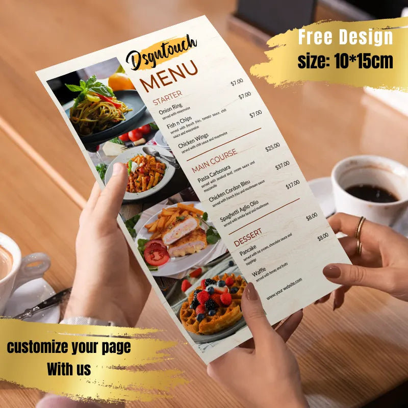 Free-design 10×15cm restaurant menu template: includes starter/main/dessert sections (e.g., Pasta Carbonara), with custom page options.