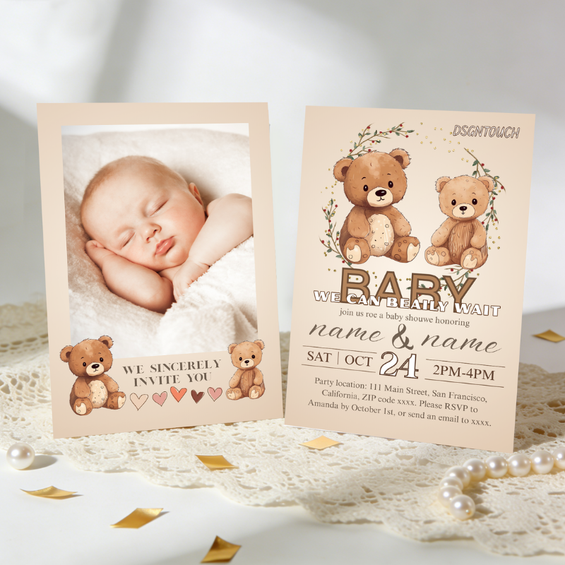 Gender Neutral Baby Shower Invitations featuring adorable bear illustrations and charming baby photo.