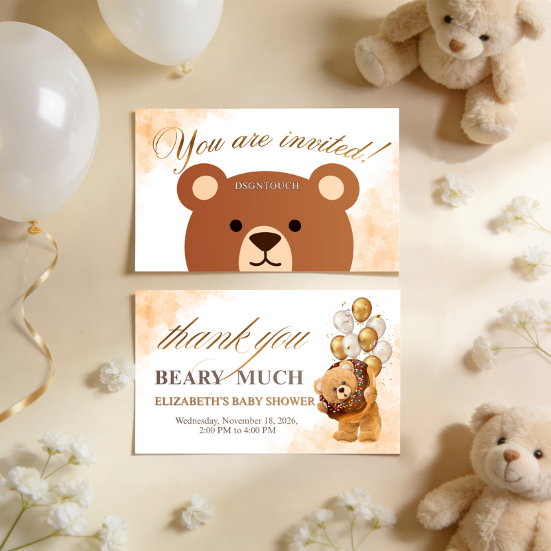 DIY Baby Shower Invitations featuring a bear design and gold accents on premium gloss paper.