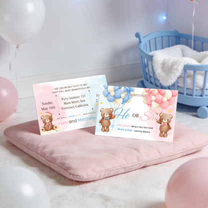 Coed baby shower invitations featuring cute teddy bears and colorful balloons on premium cardstock.