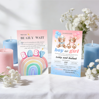 Printable Baby Shower Invitations designed for a gender reveal party with colorful decorations and details.