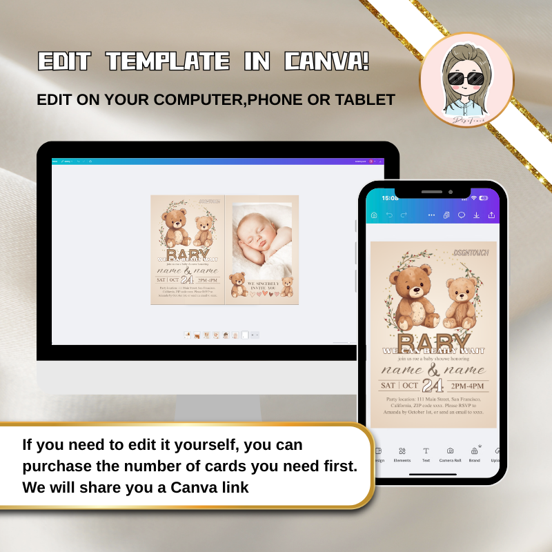 Gender Neutral Baby Shower Invitations template being edited in Canva on computer and phone.