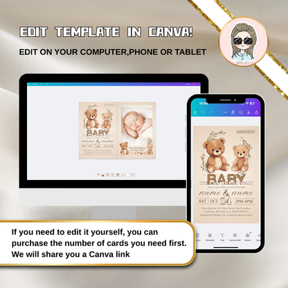 Gender Neutral Baby Shower Invitations template being edited in Canva on computer and phone.