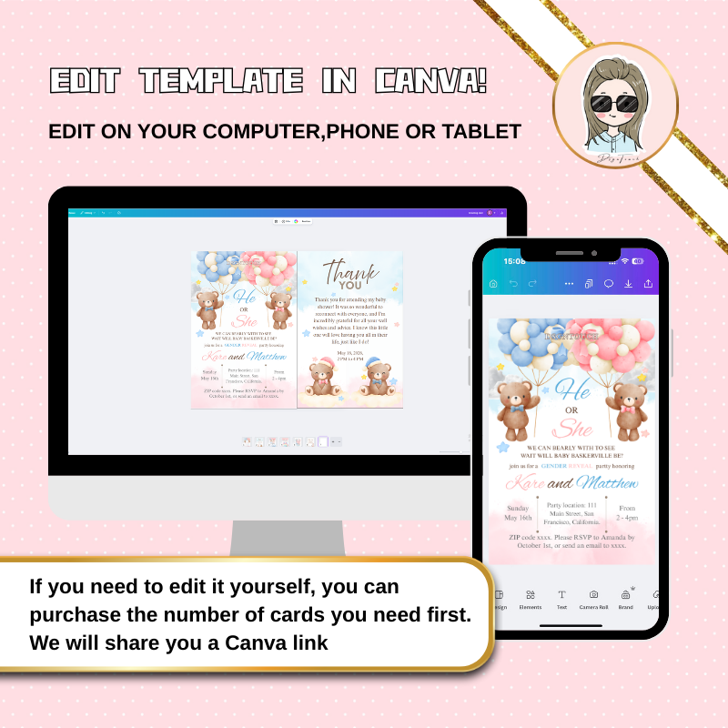 Editable template for Printable Baby Shower Invitations in Canva on computer and phone, featuring colorful teddy bears and balloons.