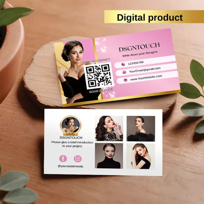 French Elegance Canva Business Card Template by DSGNTOUCH displayed on a wooden surface with QR code and contact information.