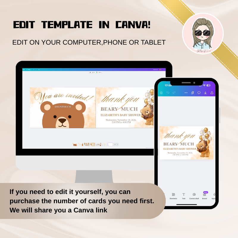 DIY Baby Shower Invitations template shown on computer and phone for easy editing in Canva.