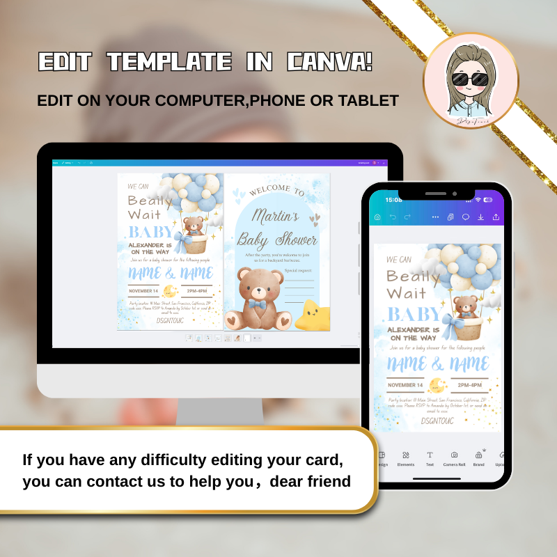Baby Shower Invitations Ideas templates displayed on a computer and mobile device, editable in Canva for DIY customization.
