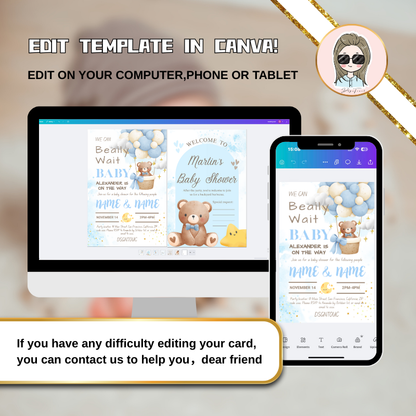 Baby Shower Invitations Ideas templates displayed on a computer and mobile device, editable in Canva for DIY customization.