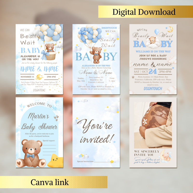 Baby Shower Invitations Ideas featuring editable Canva designs for DIY invitations with teddy bear themes.