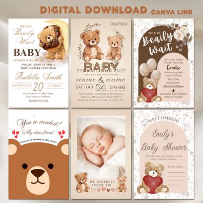 Digital Baby Shower Invitations showing customizable designs with bear motifs and editable text for celebrations.