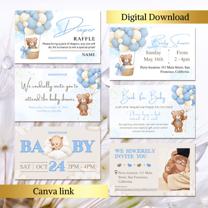Baby Shower Templates - 3 editable Canva invitations with cute teddy bears and pastel balloons for a baby shower.