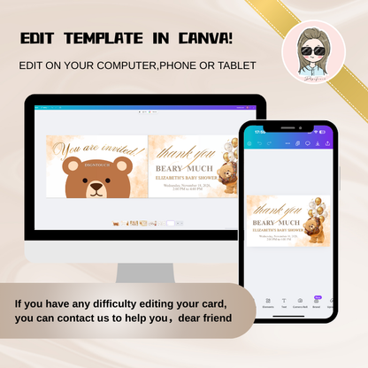 Bear Baby Shower Invitations - Editable Canva Template displayed on a computer and mobile device featuring bear designs.