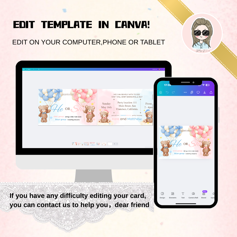 Baby Shower Invitations Template digital design shown on computer and phone in soft pink and blue macaron colors.