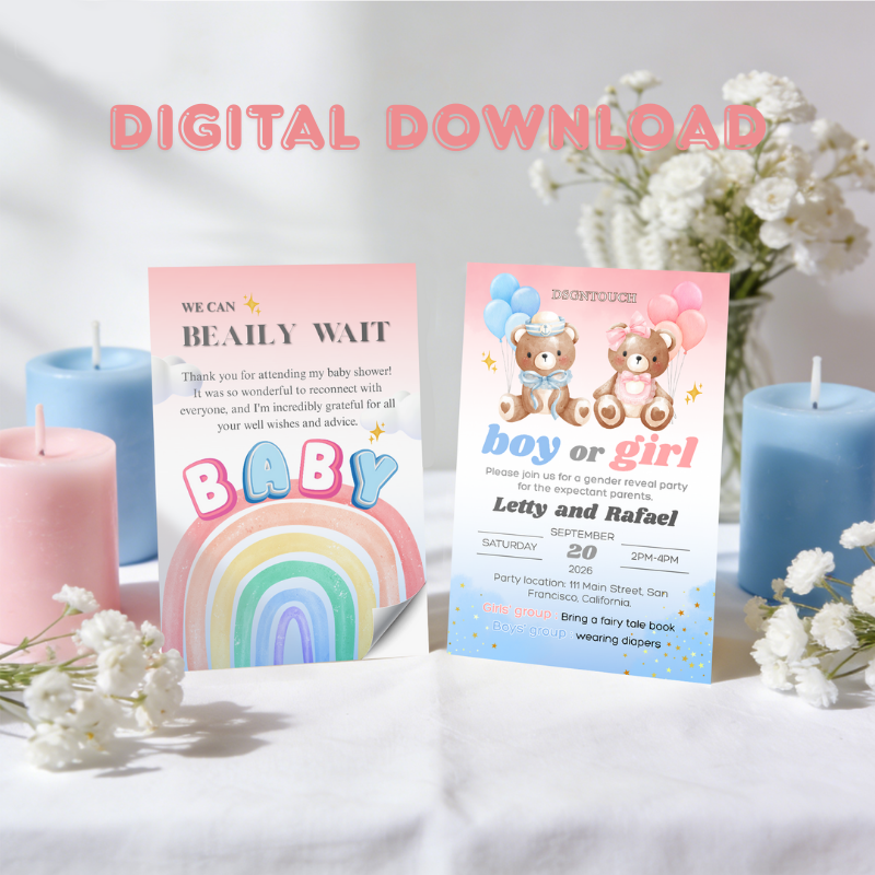 Baby Shower Invitations Digital designed for easy editing, featuring charming styles with teddy bears and bright colors.