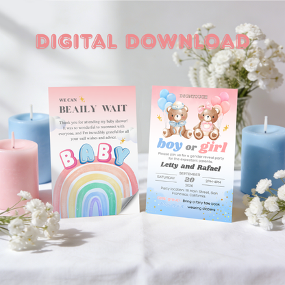 Baby Shower Invitations Digital designed for easy editing, featuring charming styles with teddy bears and bright colors.