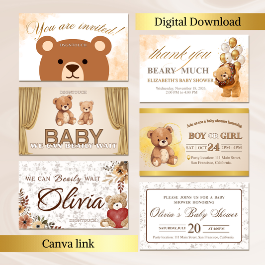 Bear Baby Shower Invitations - Editable Canva Template featuring charming bears and gold-and-white designs.