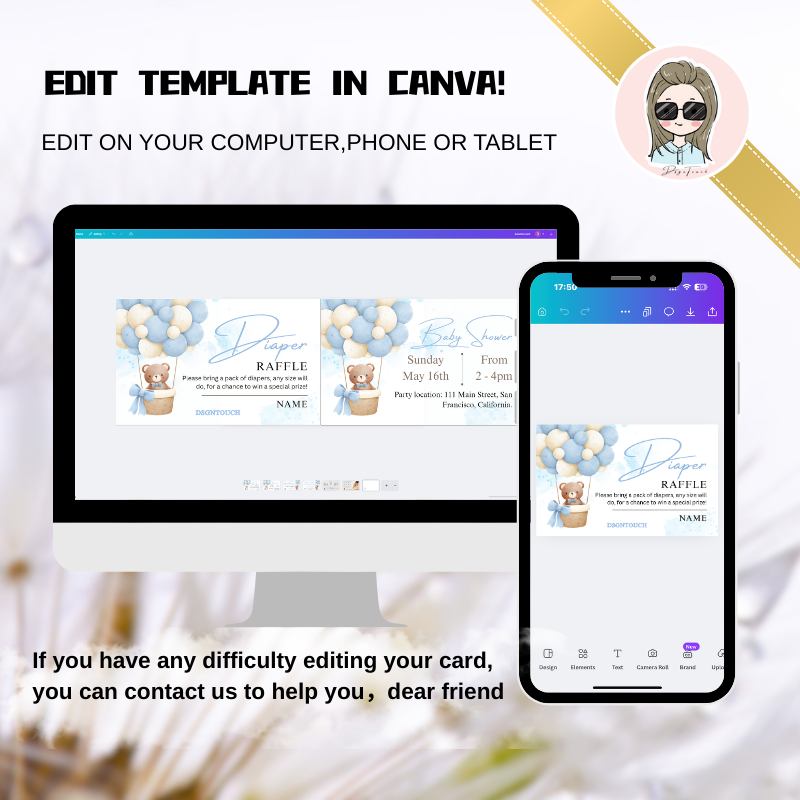 Baby Shower Templates displayed on computer and phone, editable in Canva for convenient customization.