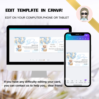 Baby Shower Templates displayed on computer and phone, editable in Canva for convenient customization.