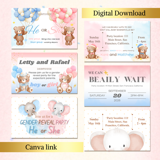 Baby Shower Invitations Template in soft pink and blue featuring cute teddy bears and balloons for gender reveal events.