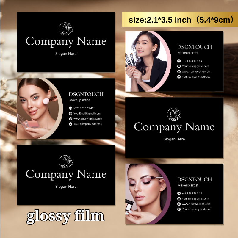 Premium makeup business card designs in glossy finish, featuring customizable company names and artist information.