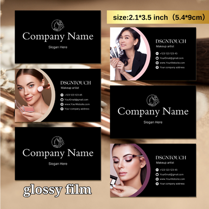 Premium makeup business card designs in glossy finish, featuring customizable company names and artist information.