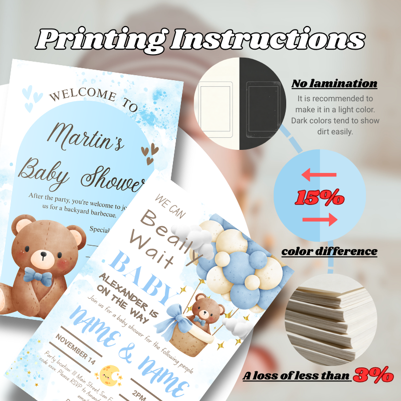 Baby Shower Invitations printing instructions showcasing card design and color guidelines.