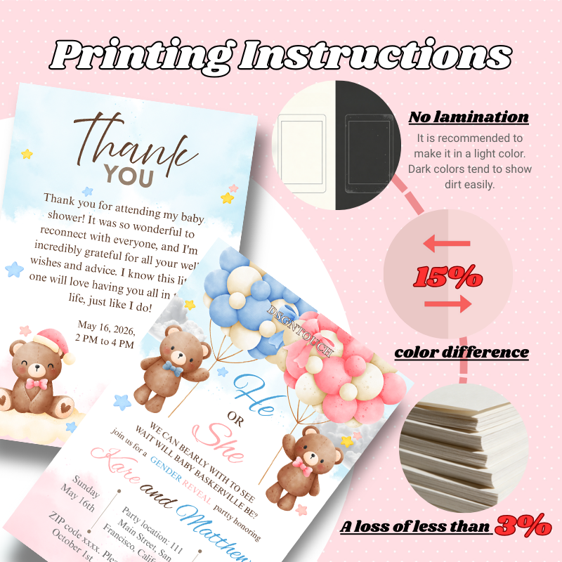 Printable Baby Shower Invitations printing instructions with tips on lamination, color difference, and paper quality.