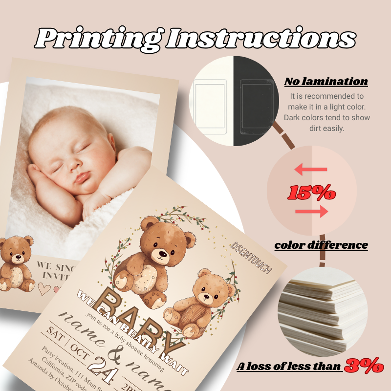Printing instructions for Gender Neutral Baby Shower Invitations with teddy bear design and color specifications.