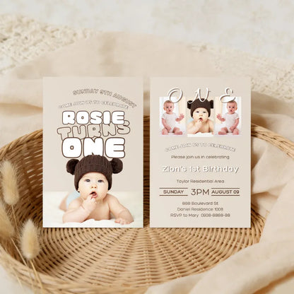 Pink floral 1st birthday invitation example for “Rosie”， ready for your free personalization and order.