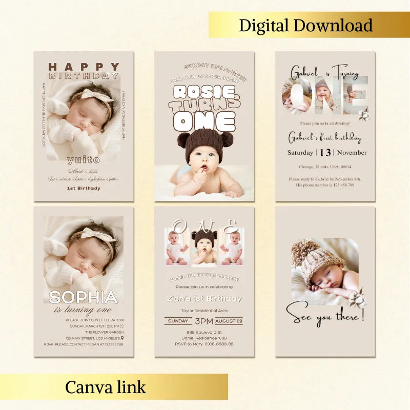Beige first birthday invitation template examples for baby's 1st birthday, customizable in Canva.
