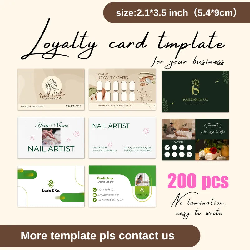 Bulk pack of 200 unlaminated business and loyalty card templates (standard 2.1x3.5 inch size), suitable for nail studios, spas, and corporate use, with easy-to-write surfaces for manual notes.