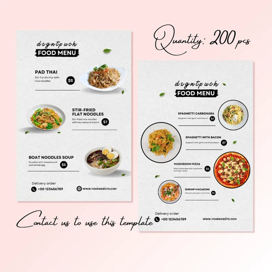 200-piece food menu template for Asian fusion restaurants: features dishes like Pad Thai & Boat Noodles Soup, with delivery contact info; available via DsgnTouch.