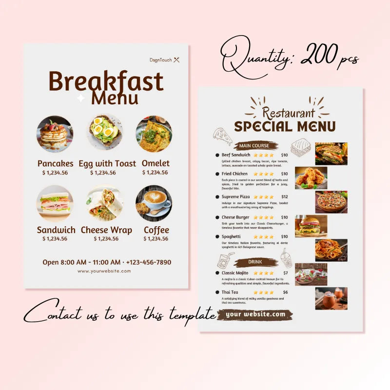 200-piece dual-menu template (breakfast + special menu): lists items like Pancakes & Beef Sandwich, with opening hours and website details.