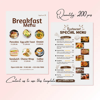 200-piece dual-menu template (breakfast + special menu): lists items like Pancakes & Beef Sandwich, with opening hours and website details.