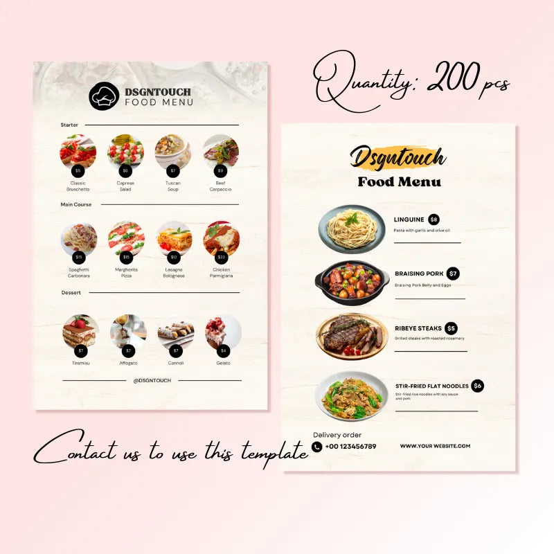 200-piece wood-textured food menu template: organizes starters/main/desserts (e.g., Linguine, Ribeye Steaks) with delivery details; by DsgnTouch.