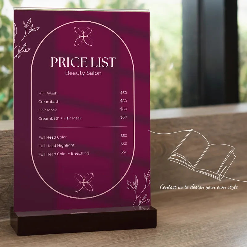 200g Beauty Salon Brochure displaying a price list for services like hair wash and creambath.