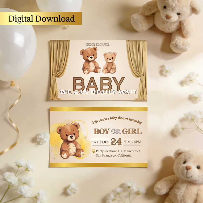 Bear Baby Shower Invitations - Editable Canva Template, Gold & White design featuring cute bears and baby details.