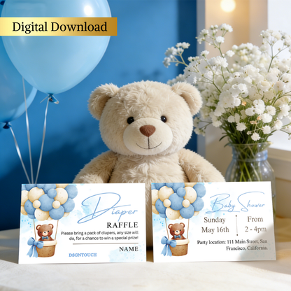 Baby Shower Templates featuring digital download raffle invitations styled with a teddy bear and balloons.