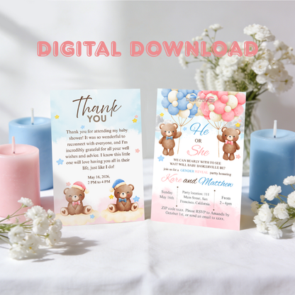 Two digital baby shower invitations, editable in Canva, featuring teddy bears, balloons, and candles, marked as Baby Shower Invitations Digital.