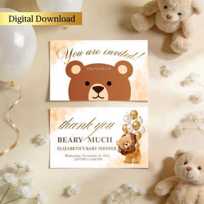 Bear Baby Shower Invitations - Editable Canva Template featuring cute bears and golden designs.