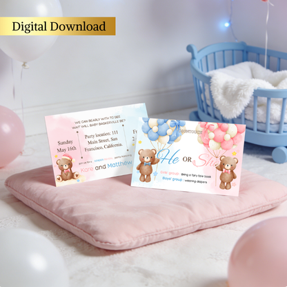 Baby Shower Invitations Template featuring soft pink and blue colors, digital download with bear design, 9x5.4cm size.