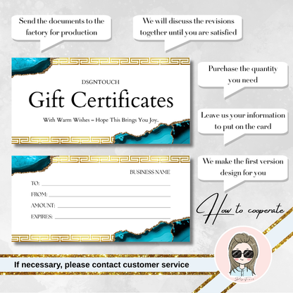 Watercolor Gift Cards featuring gold accents and customizable designs for memorable gifting from DSGNTOUCH.