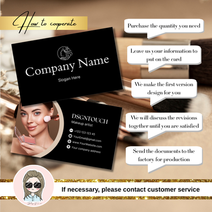 Makeup business card design mockup displaying contact details and cooperation steps for makeup artists.
