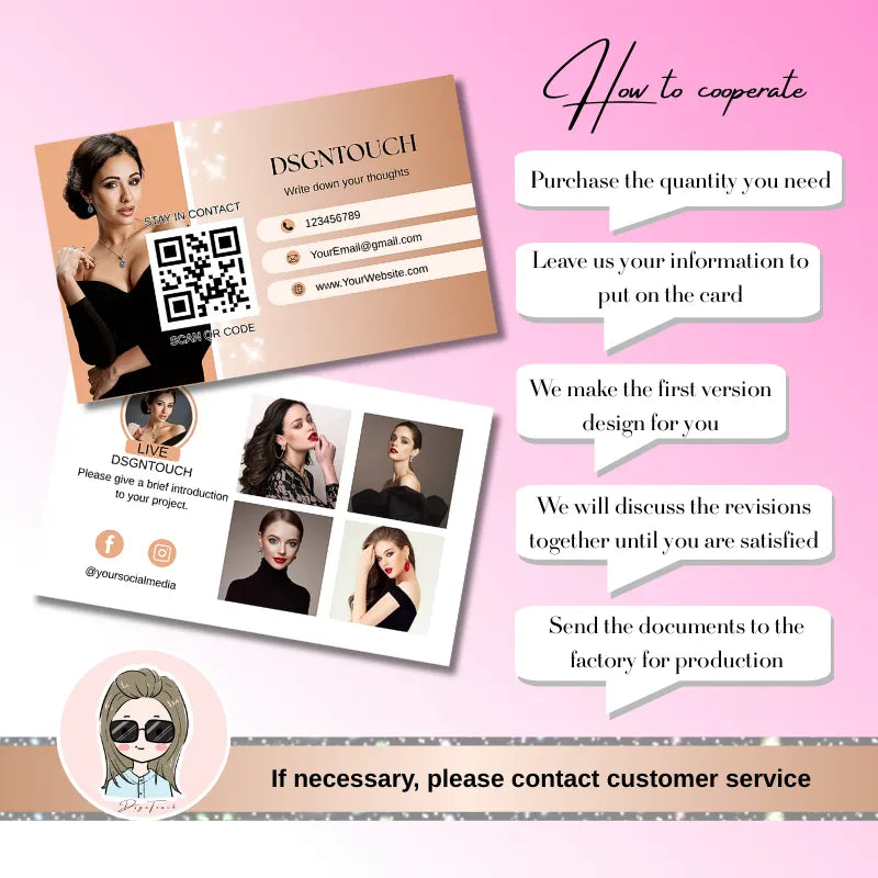 French Style Business Cards wtith Free Typesetting Service by DSGNTOUCH with contact steps and customer service information.