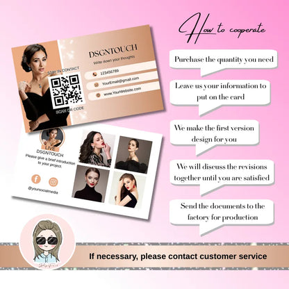 French Style Business Cards wtith Free Typesetting Service by DSGNTOUCH with contact steps and customer service information.