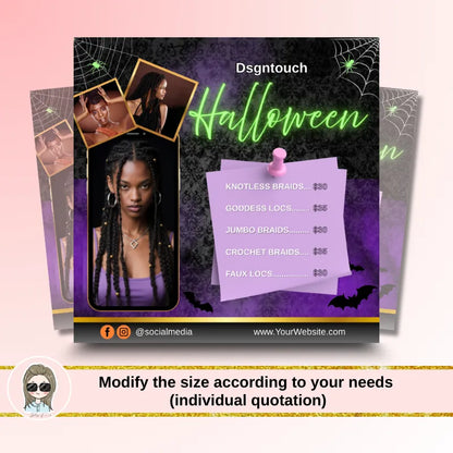Halloween hair salon promo cards featuring hairstyling options and pricing on a spooky-themed background.