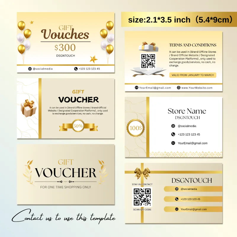 Front view of a premium 300gsm double-sided matte laminated business gift card with elegant gold foil stamping, balloons, and gift icons.